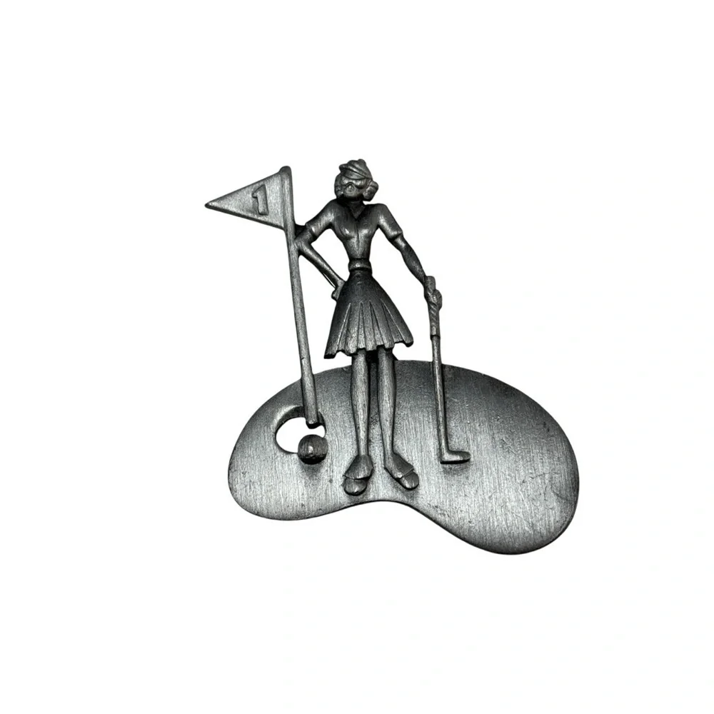 Vintage Golf Brooch Pin Signed AJC Silver Tone Lady Golfer 2” Tall Hole In One 1